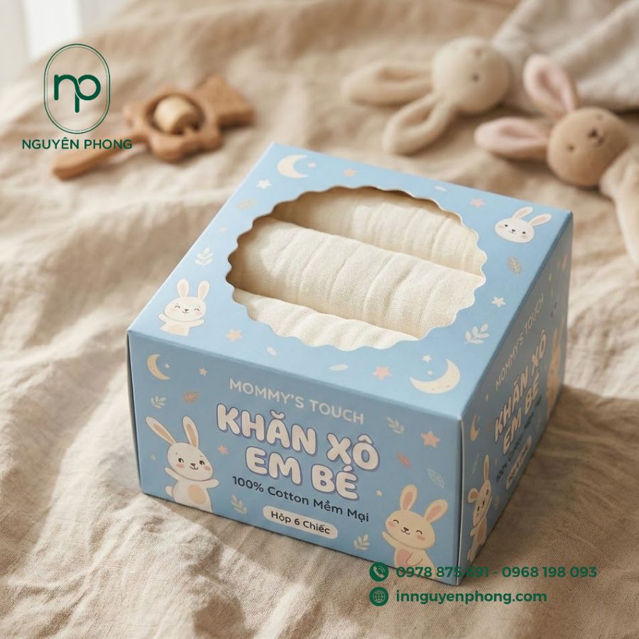 in hộp đựng khăn xô, khăn sữa cho em bé